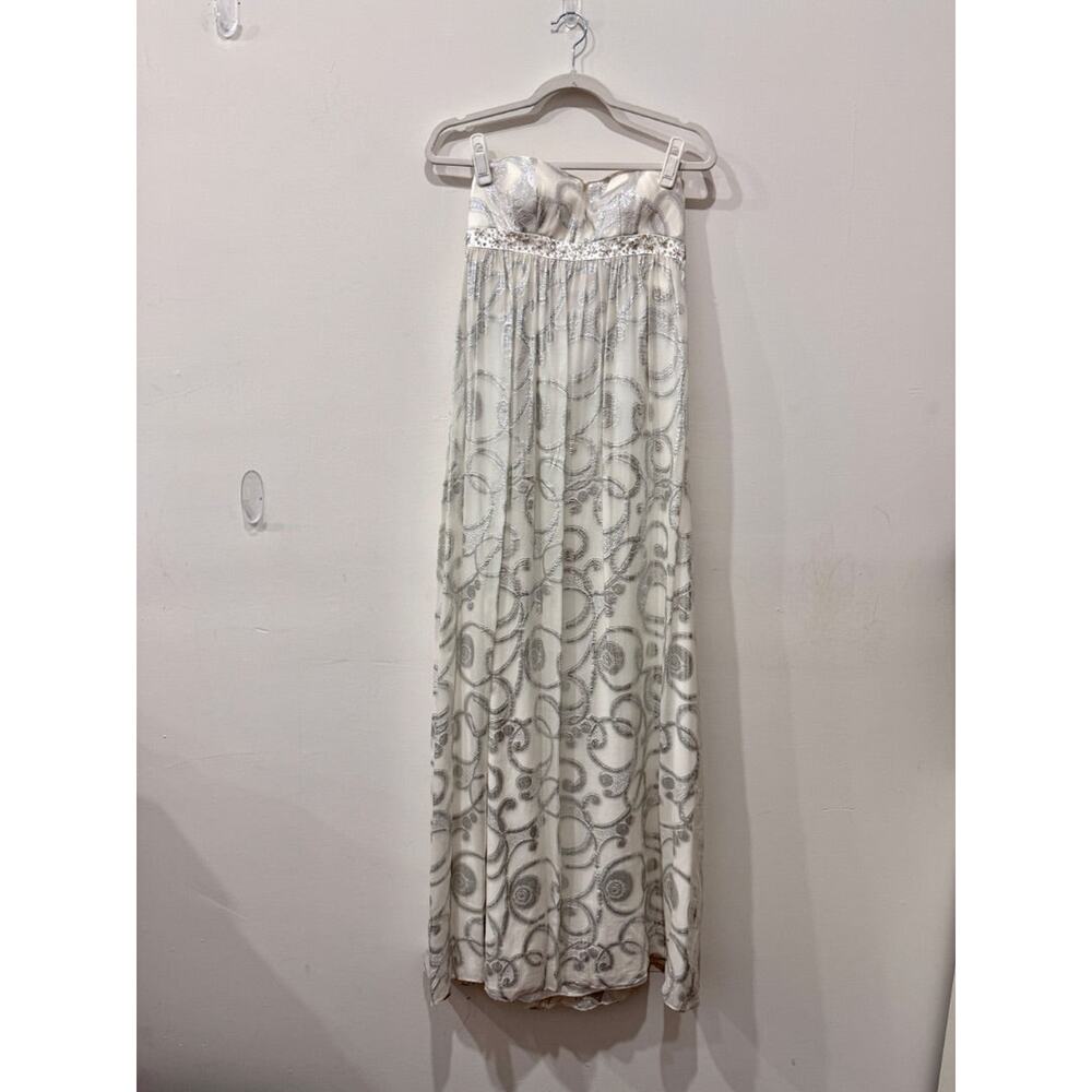 Aqua Dresses Strapless Empire Waist Metallic Pattern Maxi Dress White Silver 2